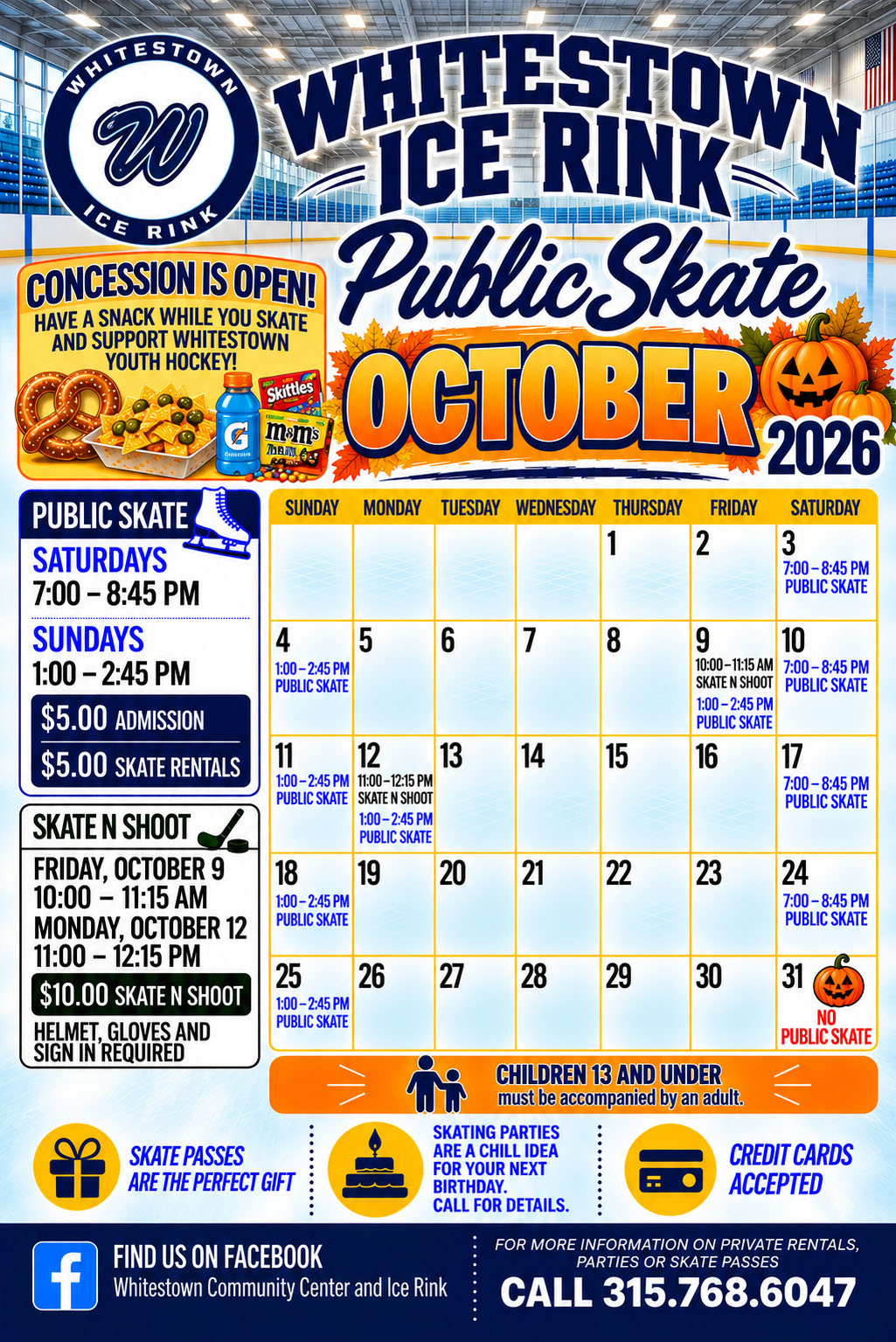 Open Whitestown Rink October 2026 Public Skate Schedule PDF