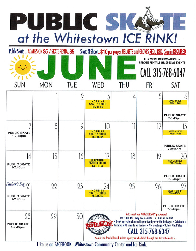 Open Whitestown Rink June 2026 Public Skate Schedule PDF
