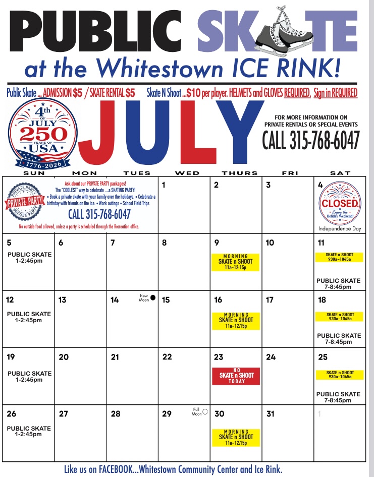 Open Whitestown Rink July 2026 Public Skate Schedule PDF